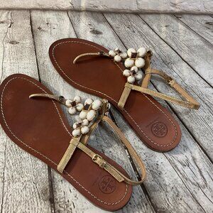 TORY BURCH Gold Leather Thong Sandals Sz 11 White Floral Embellishments Boho